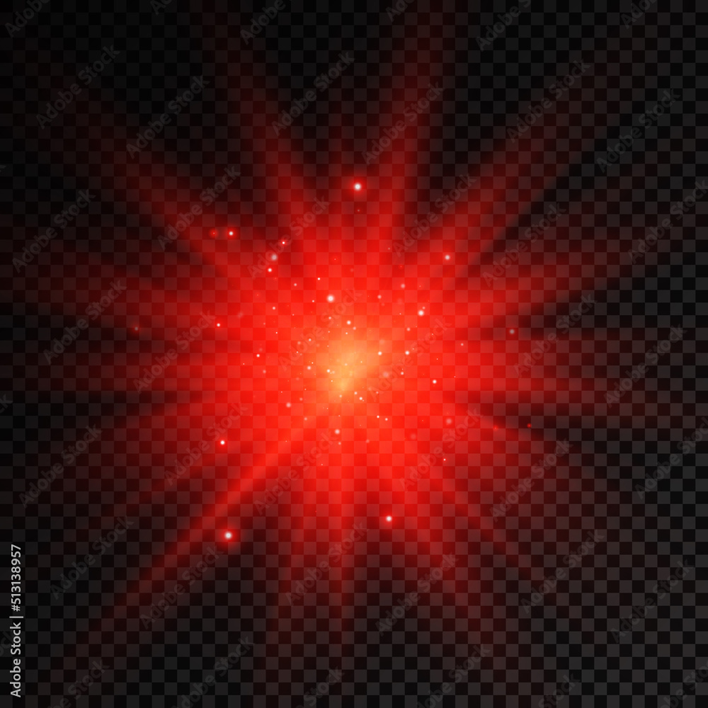 Glow bright light star, red sun rays, sunshine.