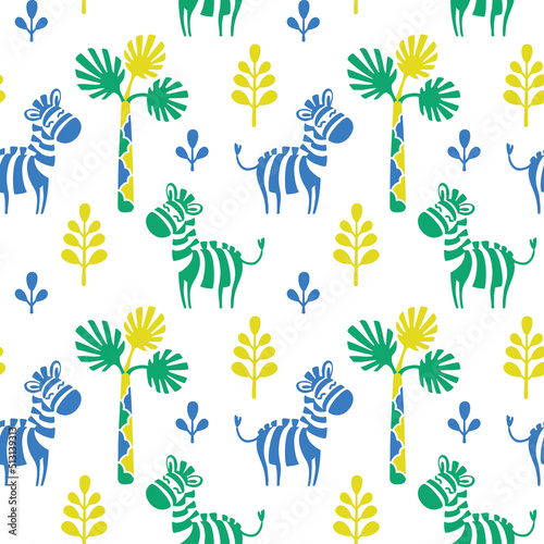 Cute zebra on the savanna , kids print. Seamless pattern for fabric, wrapping, textile, wallpaper, clothes. Vector.