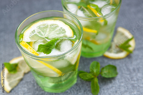 Summer  cocktail or lemonade drink with lemon, mint and ice ingredient