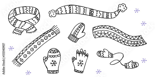 A set of hand-drawn winter clothing. Vector illustration in doodle style. Winter mood. Hello 2023. Merry Christmas and Happy New Year. Black and violet scarfs, mittens and glove on a white background.