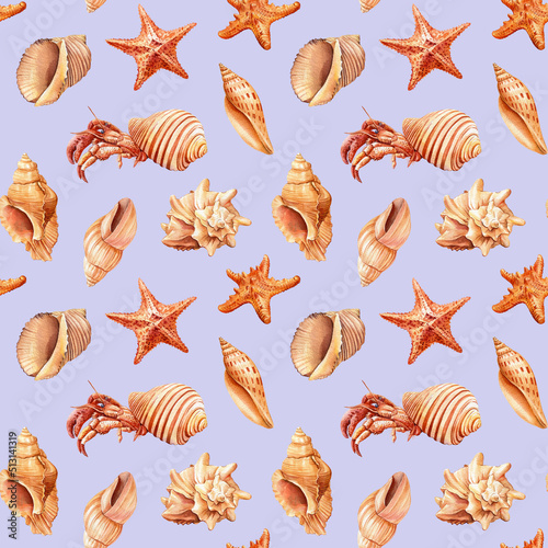 Seamless pattern with starfish, crab, shells. Nautical background for wallpaper. Watercolor illustration