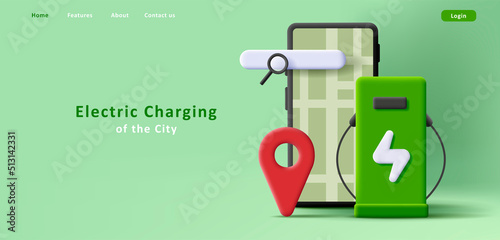 Electric charging point application, search on map for charger, smartphone 3d illustration. Vector illustration