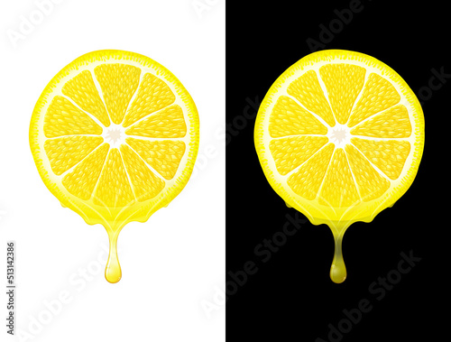 Lemon slice with drops of fresh juice isolated on white and black. Lemon juice flows from round cut of orange fruit. Vector image for fresh drinks, agriculture, healthy nutrition, cooking, gastronomy