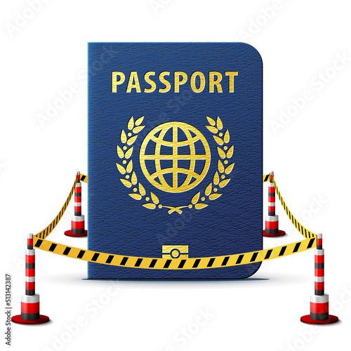 Blue passport located in restricted area. International identification document surrounded barrier tape. Vector image about travel, check-in, tourism, passport control, vacation, citizenship, trip