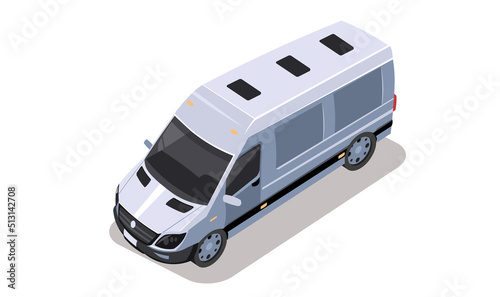 Car isometric view. Bus silver, white color. Vehicle logistic, delivery transport. Element for road city, urban street. 3d automobile with shadow isolated on white background. Flat vector illustration