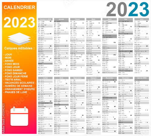 Calendrier 2023 14 mois entièrement modifiable via calques	