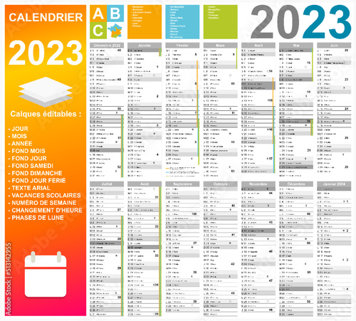 Calendrier 2023 14 mois avec vacances 2023 entièrement modifiable via calques