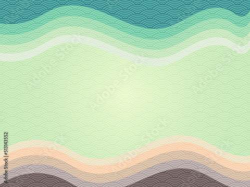 Background of waves of blue, green, and brown shades with a pattern of Japanese ocean waves in vintage style. Abstract wallpaper for prints, decor, wall art, and canvas prints.
