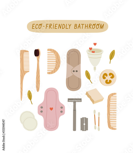 Reusable hygiene products with hand lettering and leaves. Hand-drawn zero waste bathroom tools. Stainless Steel Razor, bamboo toothbrush, bamboo comb,
menstrual pads, menstrual cup, cotton swabs.