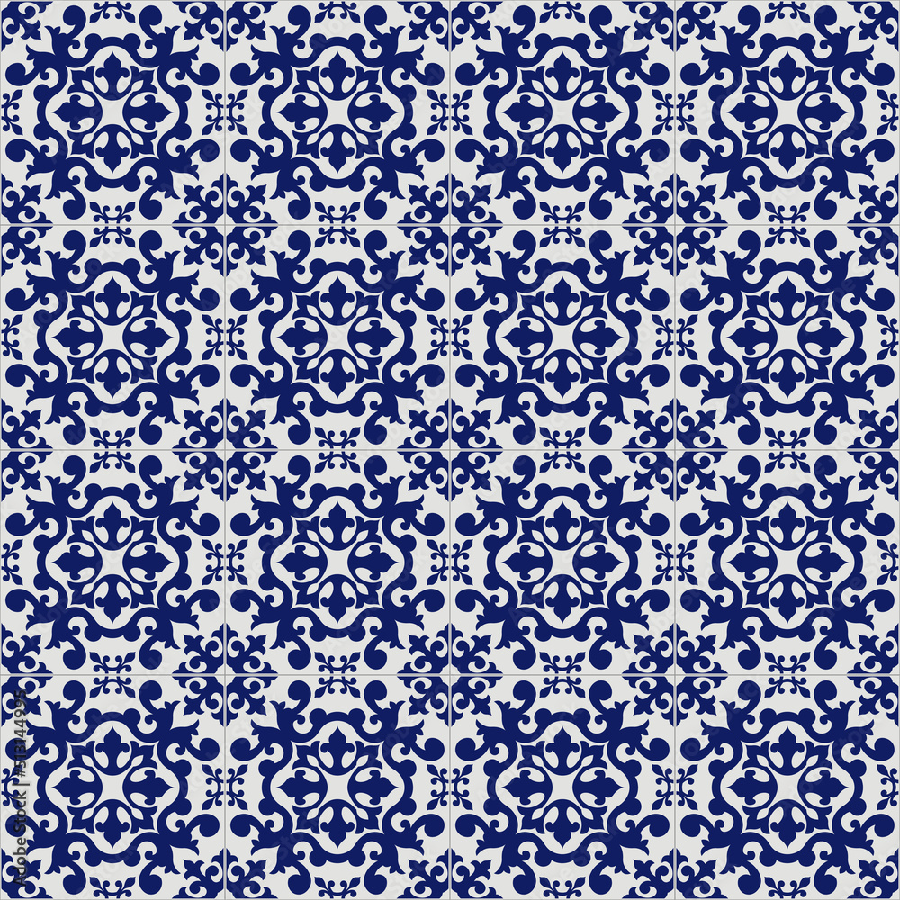 Seamless ornamental pattern, imitation of Portuguese ceramic azulejo tiles. Swatch is included.