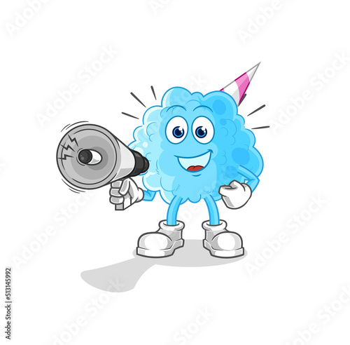 cotton candy holding hand loudspeakers vector. cartoon character