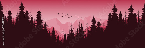 mountain landscape scenery with forest silhouette flat design vector illustration good for wallpaper, background, backdrop, banner, tourism, travel, and design template