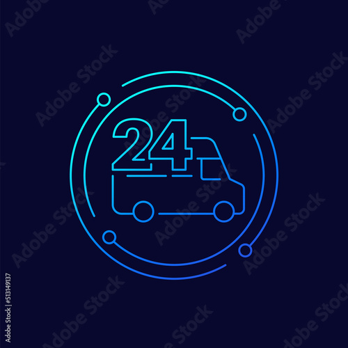 24 hours delivery icon with a van, linear design