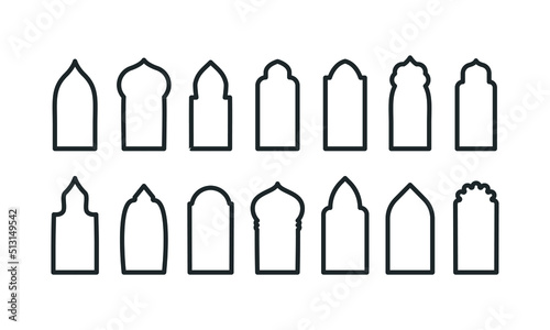 Mosque Doors and windows line shape. Arab arch. Islam gate silhouette.