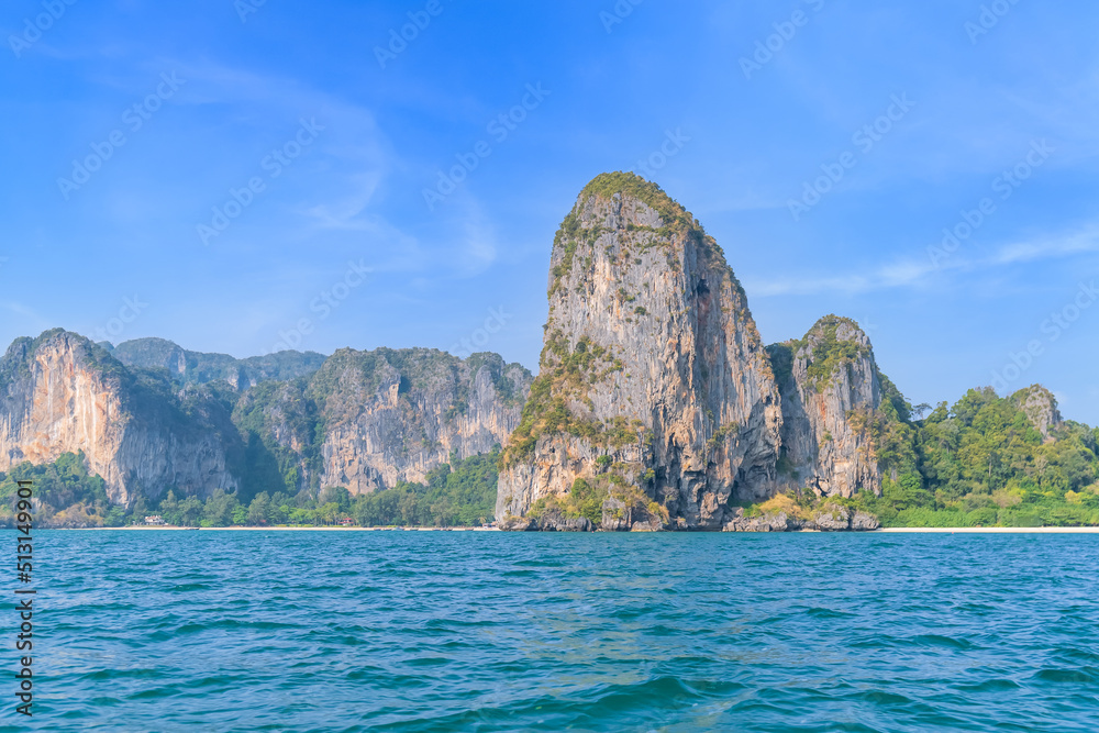 Ao Phra Nang near Railay beach with crystal clear water and exotic landmark limestone cliff mountain, Krabi, Thailand
