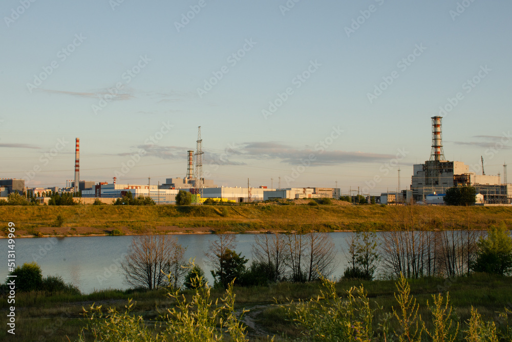 Npp in Kurchatov at sunset. Nuclear power plant in the Kursk region
