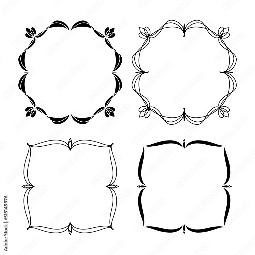 Set of 4 square vintage frames. Silhouette and outline hand drawn