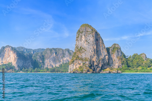 Ao Phra Nang near Railay beach with crystal clear water and exotic landmark limestone cliff mountain, Krabi, Thailand © wirojsid