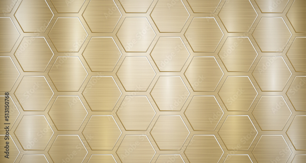 Abstract metallic background in golden colors with highlights and a big voluminous convex hexagonal plates Abstract metallic background in golden colors with highlights and a big voluminous convex hexagonal plates