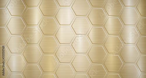 Abstract metallic background in golden colors with highlights and a big voluminous convex hexagonal plates