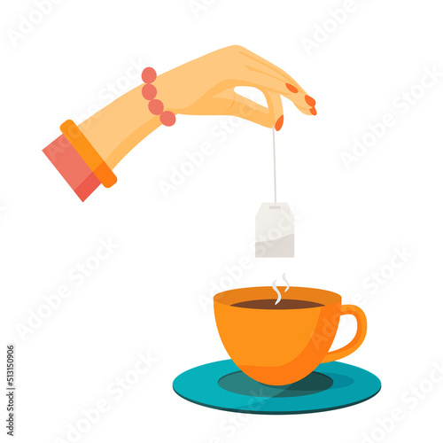 Woman hands with tea bag in cup warm tea. Female arm isolated on white background. Morning routine concept. Vector flat illustration