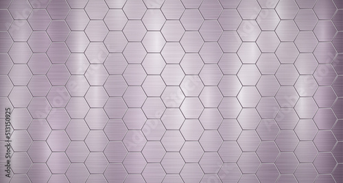 Abstract metallic background in purple colors with highlights, consisting of voluminous convex hexagonal plates