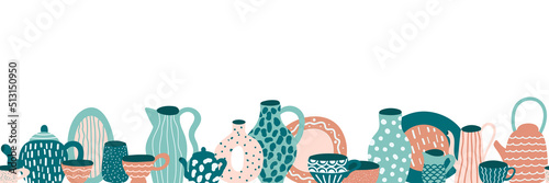 Ceramics, pottery kitchenware seamless border. Dishes, pot, cup, mug, jug, bowl vector illustration isolated on white background. Flat design. Backdrop for wallpaper, textile, fabric, wrapping