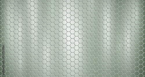 Abstract metallic background in green colors with highlights, consisting of small voluminous convex hexagonal plates