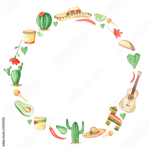 Fiesta frame isolated on a white background. Watercolor round template for Mexican holiday party. Cactus, sombrero, avocado, pinata, tacos, ceramic pot, chili pepper, lime, and more objects.
