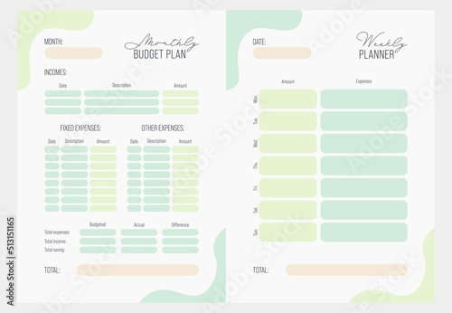 Monthly and weekly budget planner. A4 format