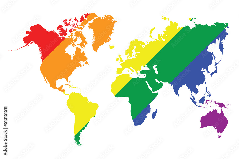 Lgbt world map with rainbow colors. Transparent background.