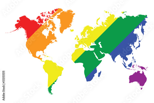 Lgbt world map with rainbow colors.