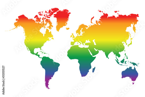 Lgbt world map with gradient rainbow colors. Horizontal lines. Transparent background.