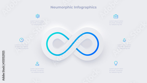 Neumorphic infinity infographic. Business data visualization with 6 steps. Concept of development process. photo