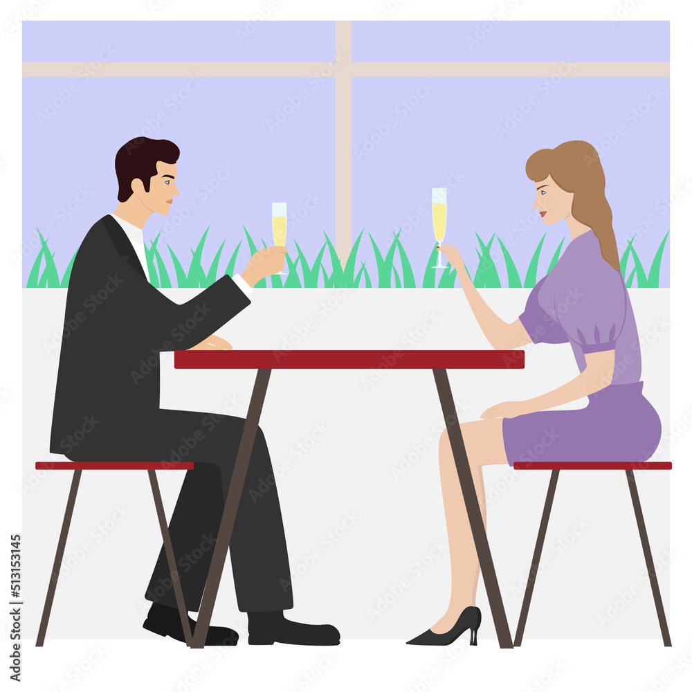 A man and a woman drink champagne at a table in a cafe A man and a woman drink champagne at a table in a cafe