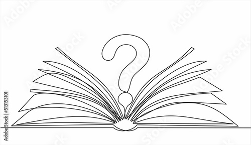 Continuous line vector illustration of book with question mark on white background,concept of answers in the book. Stroke Line, Icon or Emblem trendy linear style.