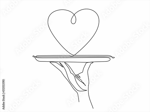 Continuous line vector illustration of hand holding dish with heart on white background, falling in love concept. Stroke Line, Icon or Emblem trendy linear style.