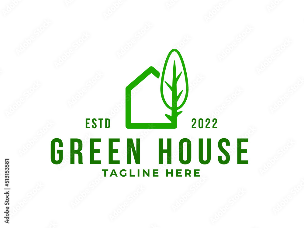 Green House Logo. green Monoline house with tree premium vector Green House Logo. green Monoline house with tree premium vector
