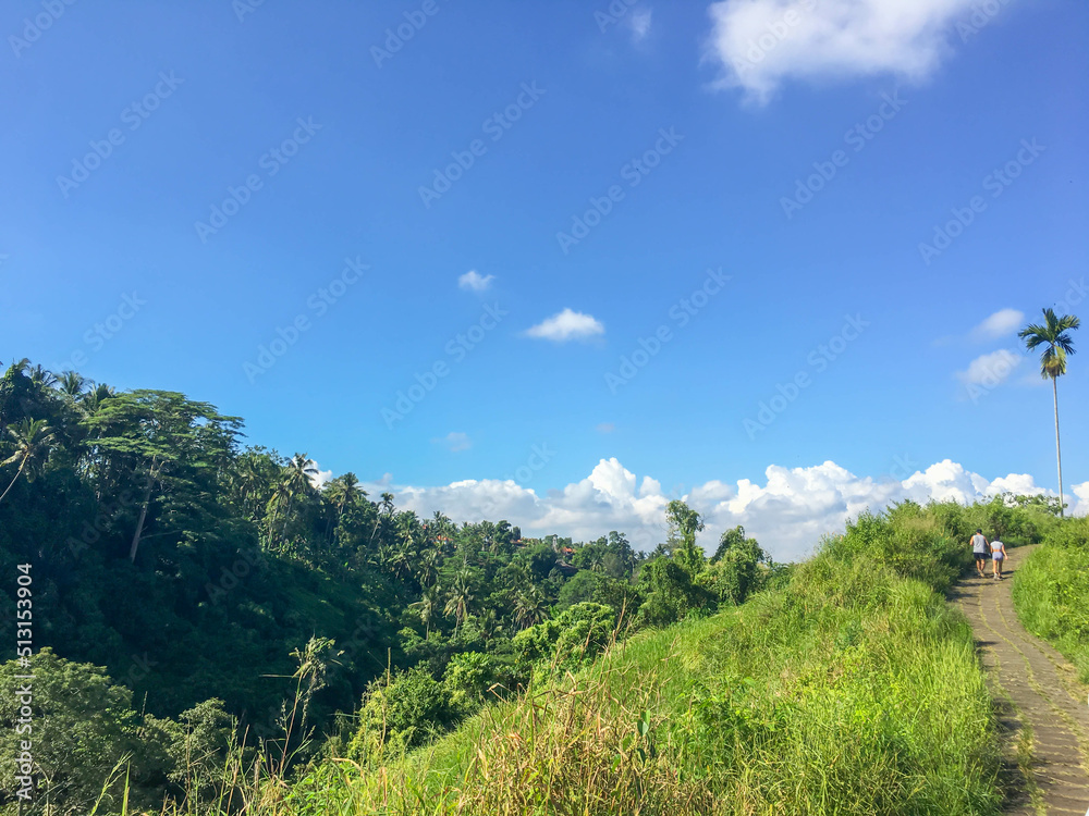 Natural jogging track with green hills view in bali
