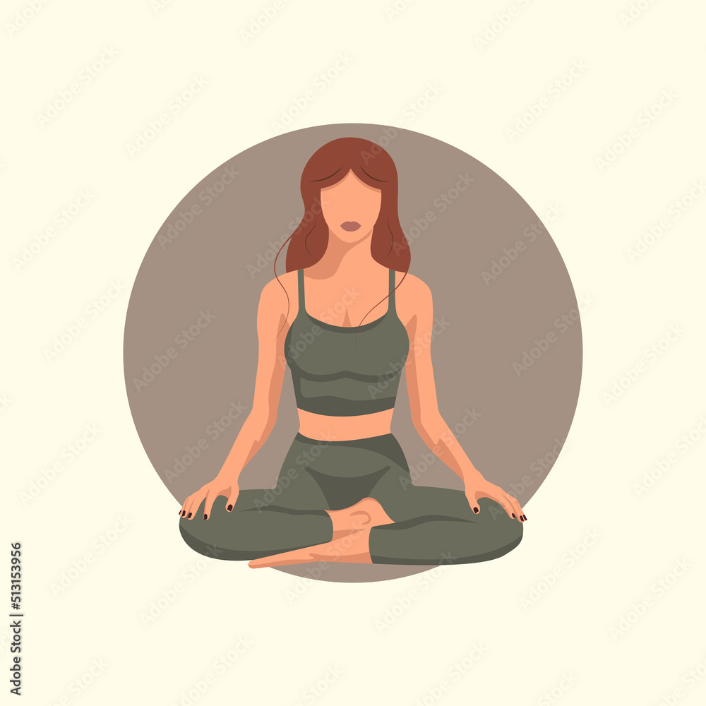 Woman sitting in lotus pose yoga. Beauty and mental health. Vector illustration