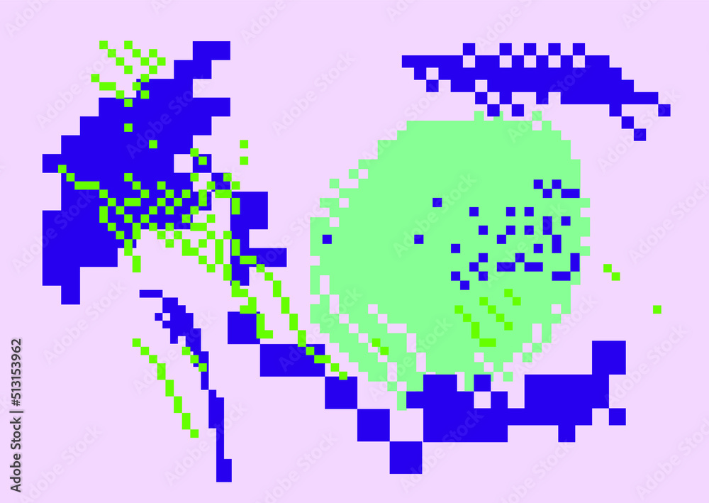 Trendy vaporwave background with pixel art chaotic composition. Concept of a glitchy computer screen. Trendy vaporwave background with pixel art chaotic composition. Concept of a glitchy computer screen.