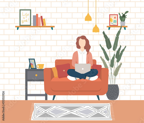 Girl with a laptop sits in a comfortable chair. Home office concept. Woman works at home sitting on the couch. Student or freelancer in a modern room. Vector illustration in a flat cartoon style.