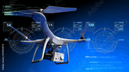 Billede på lærred Powerful  black drone loaded with some of most advanced imaging and flight technologies with technology HUD blue elements under blue-black background
