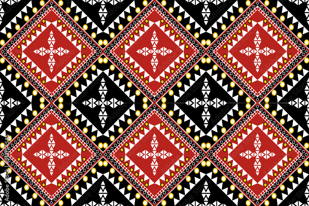 seamless pattern. Red, black square pattern bordered with yellow flowers.
for home decoration wallpaper.
