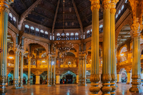 MYSORE  BANGALORE  INDIA - NOVEMBER 25TH 2018   The Kalyana Mantapa or marriage hall inside the royal Mysore Palace  beautiful decorated interior wall and celings  A very famous tourist attraction.