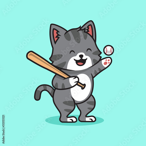 Cute cat playing baseball cartoon premium vector