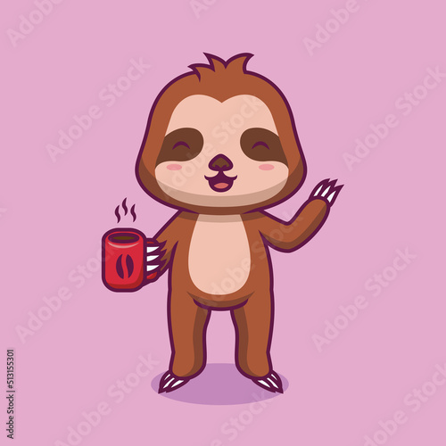Cute sloth hoding hot coffee cup cartoon illustration