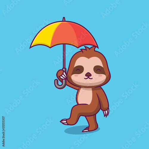 Cute sloth hoding umbrella cartoon illustration