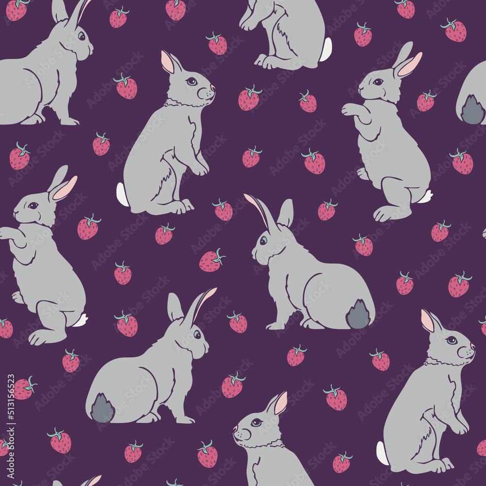 Vector seamless pattern with bunnies and strawberries. Cute design with rabbits.
