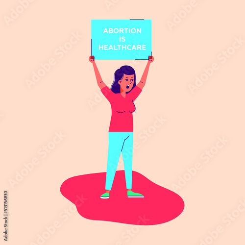 Ban abortion in the USA. Flat cartoon illustration with young woman protests against law violates women's rights to terminate a pregnancy. Protection of human rights. Pro life. My body my choise